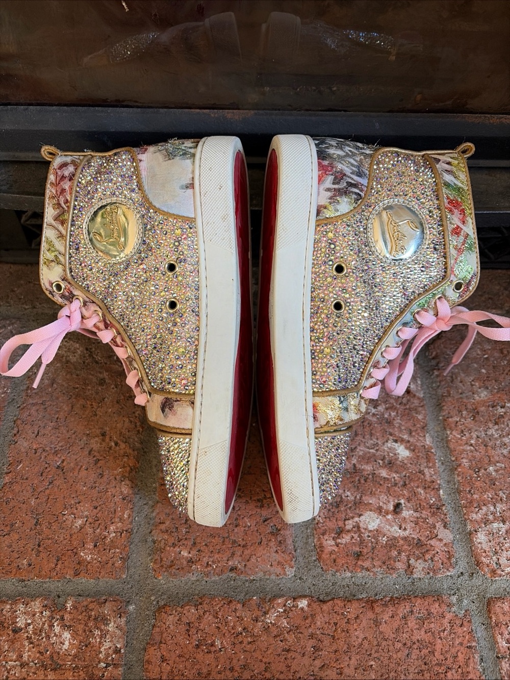 Authentic Christian Louboutin Glitter Floral  High Top Sneakers EU 37.5 US 7.5 - Picture 6 of 11